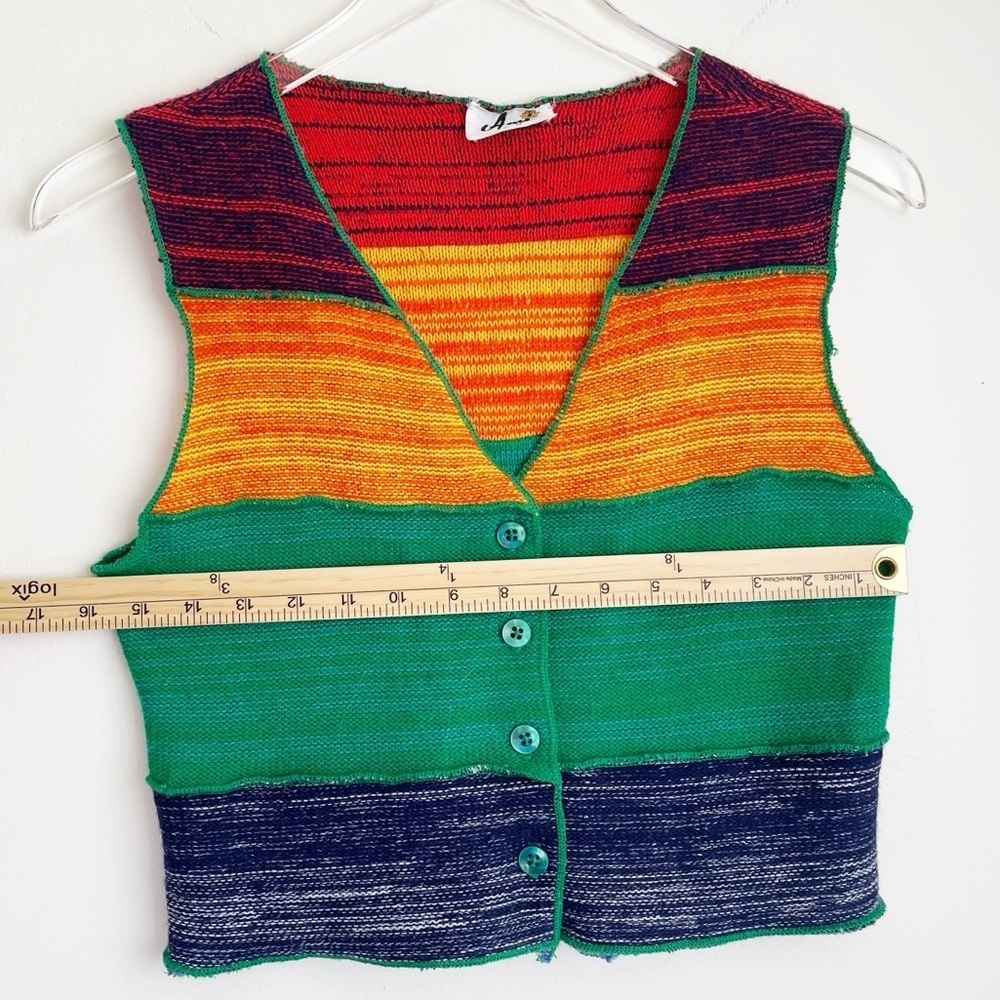 Vintage rainbow colorful knit sweater vest button up cropped v neck small stripe - Picture 3 of 7